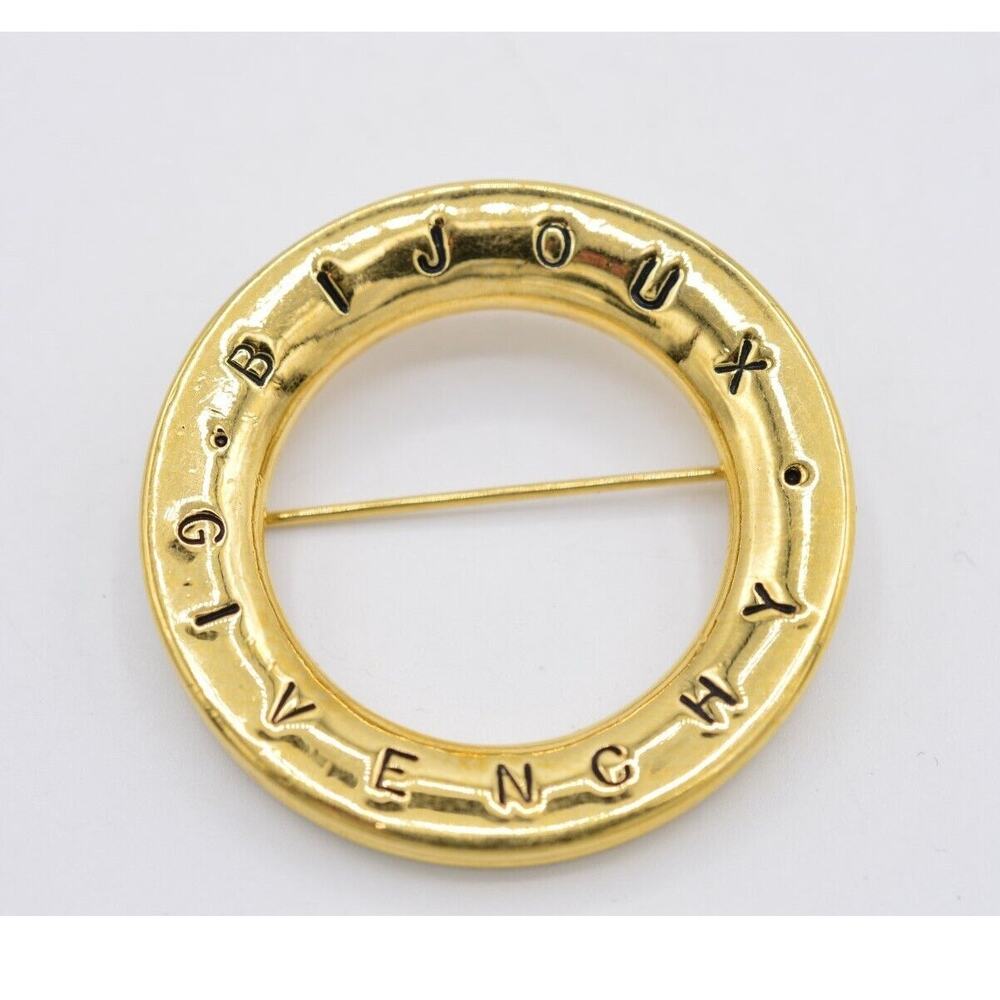 Givenchy Vintage Logo Pin Brooch Gold Bijoux Letter Round Signed 1980s Bin4